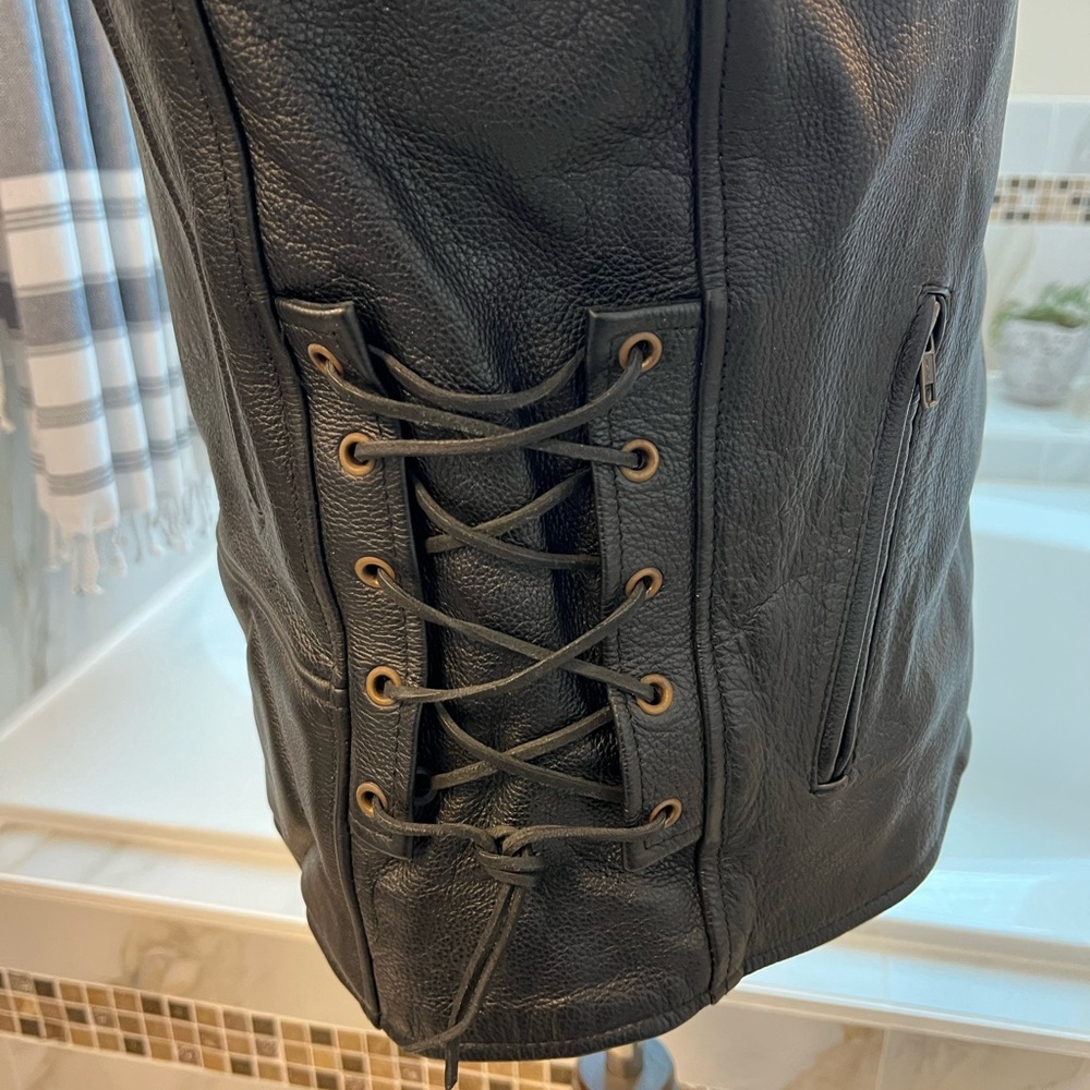 Black heavy leather riding jacket for women. - Picture 2 of 4